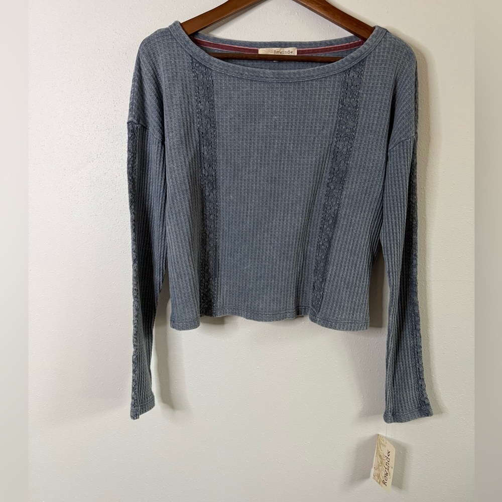 Rewind Waffle Knit Crop Top Vintage Blue Long Sleeve Boho NWT XS